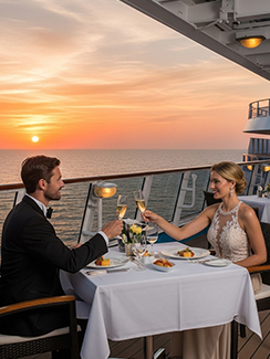 A well-dressed couple clinks wine glasses while dining at a table on a cruise ship deck at sunset, with the ocean in the background.